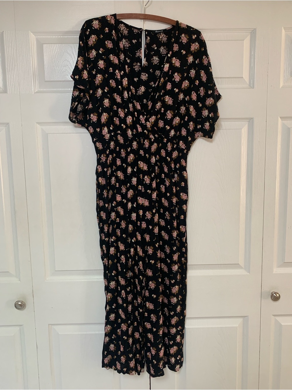 Madewell Floral V-Neck Wide-Leg Jumpsuit - Black with Pink Flowers szL - Picture 5 of 13